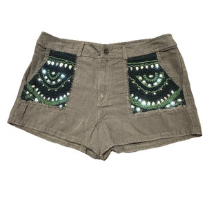 Free People Crochet Pockets Linen Blend Shorts Sz:10 Brown Retro BOHO Y2K